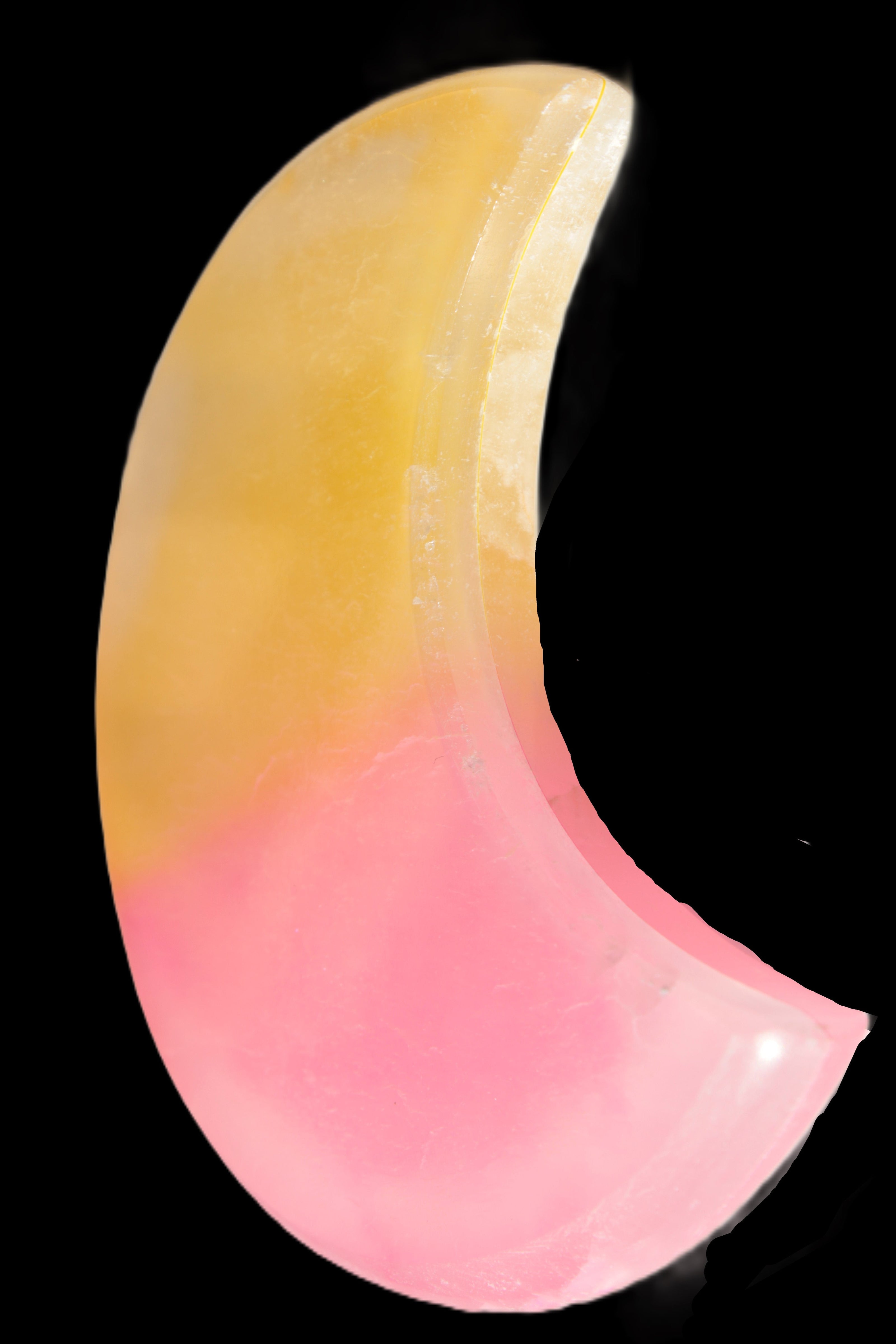 Pink and Yellow dyed Calcite crescent moon 90*100*14mm 201g in sunlight - Rocks and Things Store