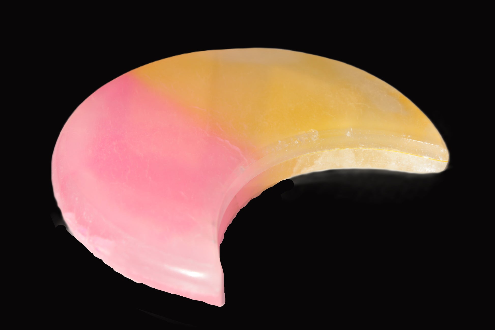 Pink and Yellow dyed Calcite crescent moon 90*100*14mm 201g Rocks and Things