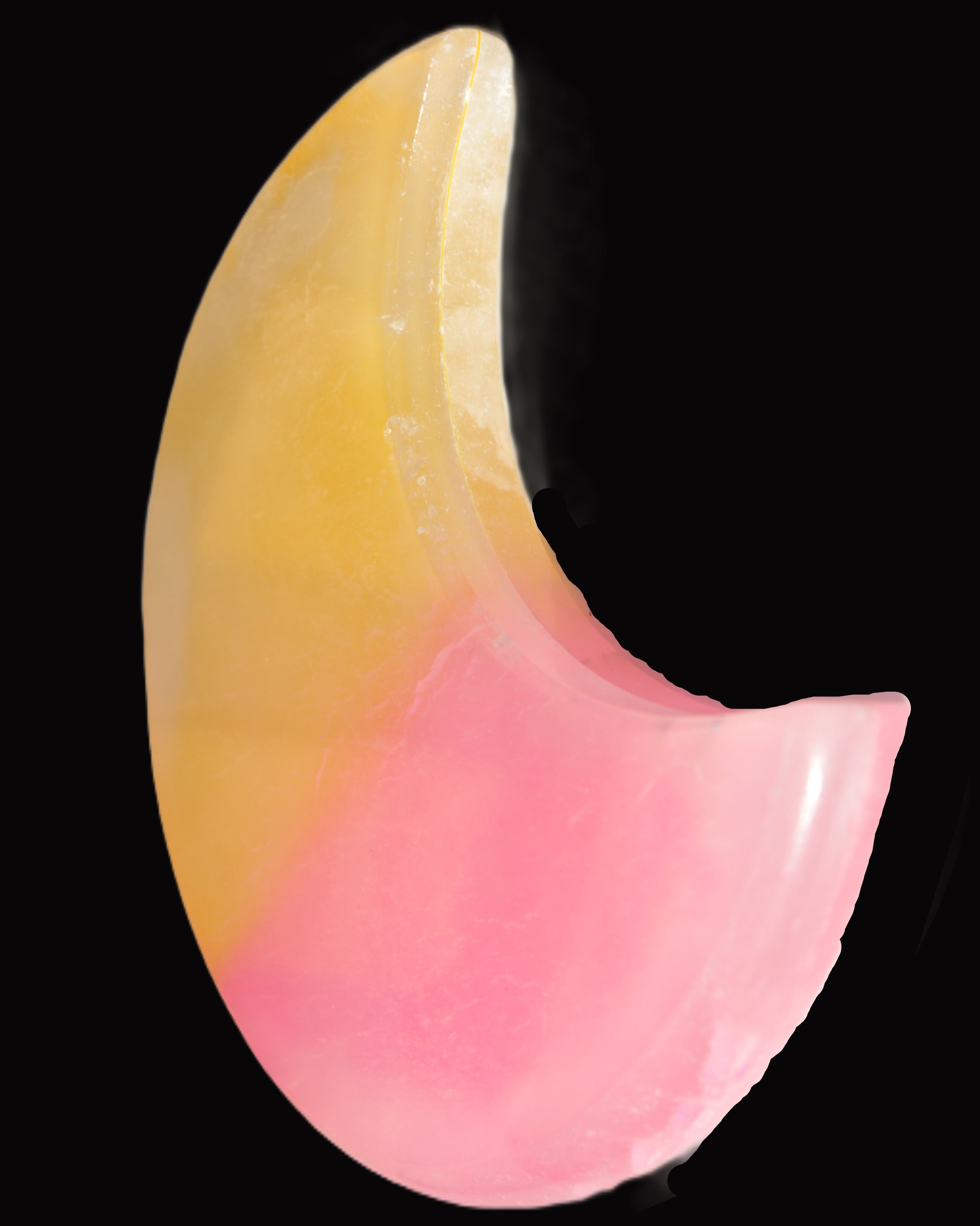 Pink and Yellow dyed Calcite crescent moon 90*100*14mm 201g in sunlight - Rocks and Things Store