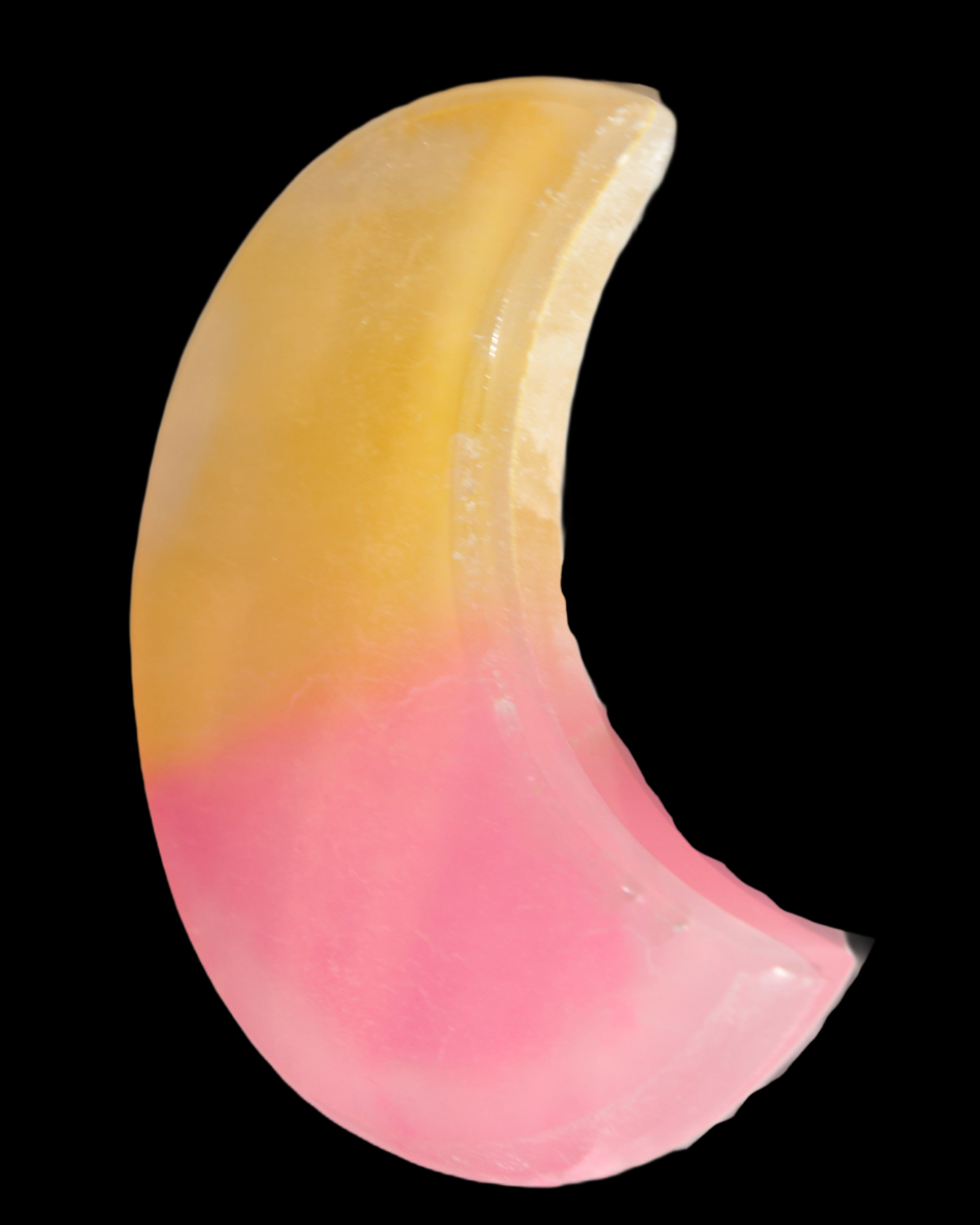 Pink and Yellow dyed Calcite crescent moon 90*100*14mm 201g in sunlight - Rocks and Things Store