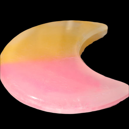 Pink and Yellow dyed Calcite crescent moon 90*100*14mm 201g in sunlight - Rocks and Things Store