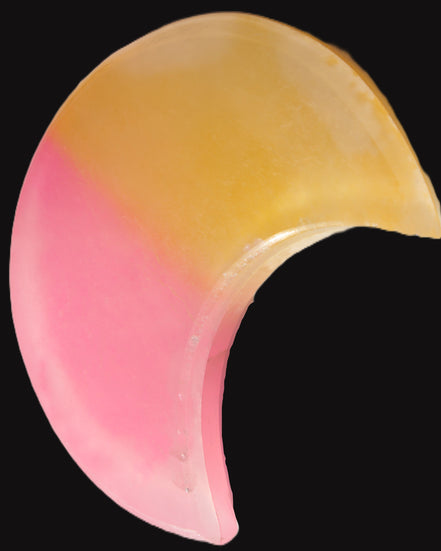 Pink and Yellow dyed Calcite crescent moon 90*100*14mm 201g in sunlight - Rocks and Things Store