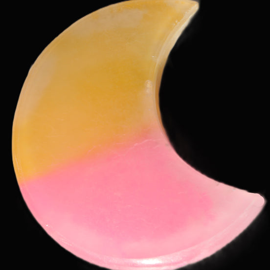 Pink and Yellow dyed Calcite crescent moon 90*100*14mm 201g in sunlight - Rocks and Things Store