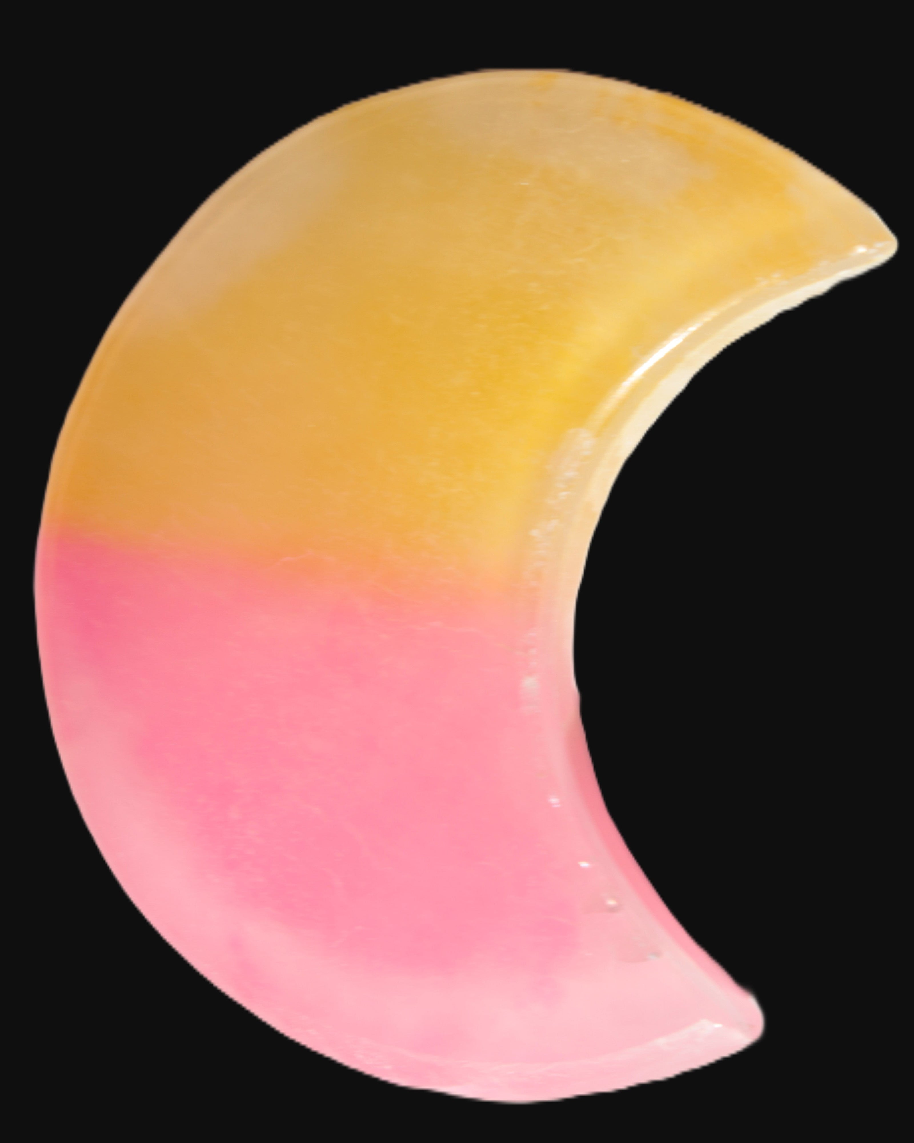 Pink and Yellow dyed Calcite crescent moon 90*100*14mm 201g in sunlight - Rocks and Things Store