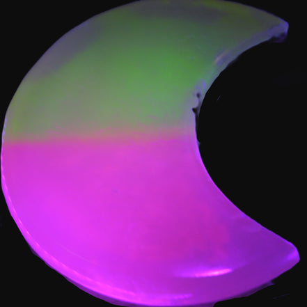 Pink and Yellow dyed Calcite crescent moon 90*100*14mm 201g in UV light - Rocks and Things Store