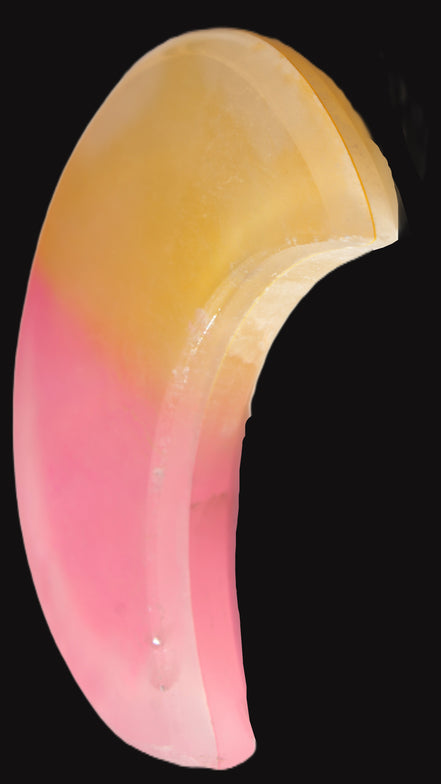 Pink and Yellow dyed Calcite crescent moon 90*100*14mm 201g in sunlight - Rocks and Things Store