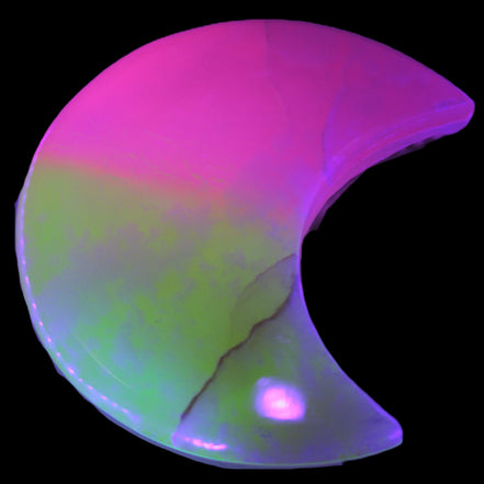 Pink and Yellow dyed Calcite crescent moon 90*100*14mm 201g in UV light - Rocks and Things Store