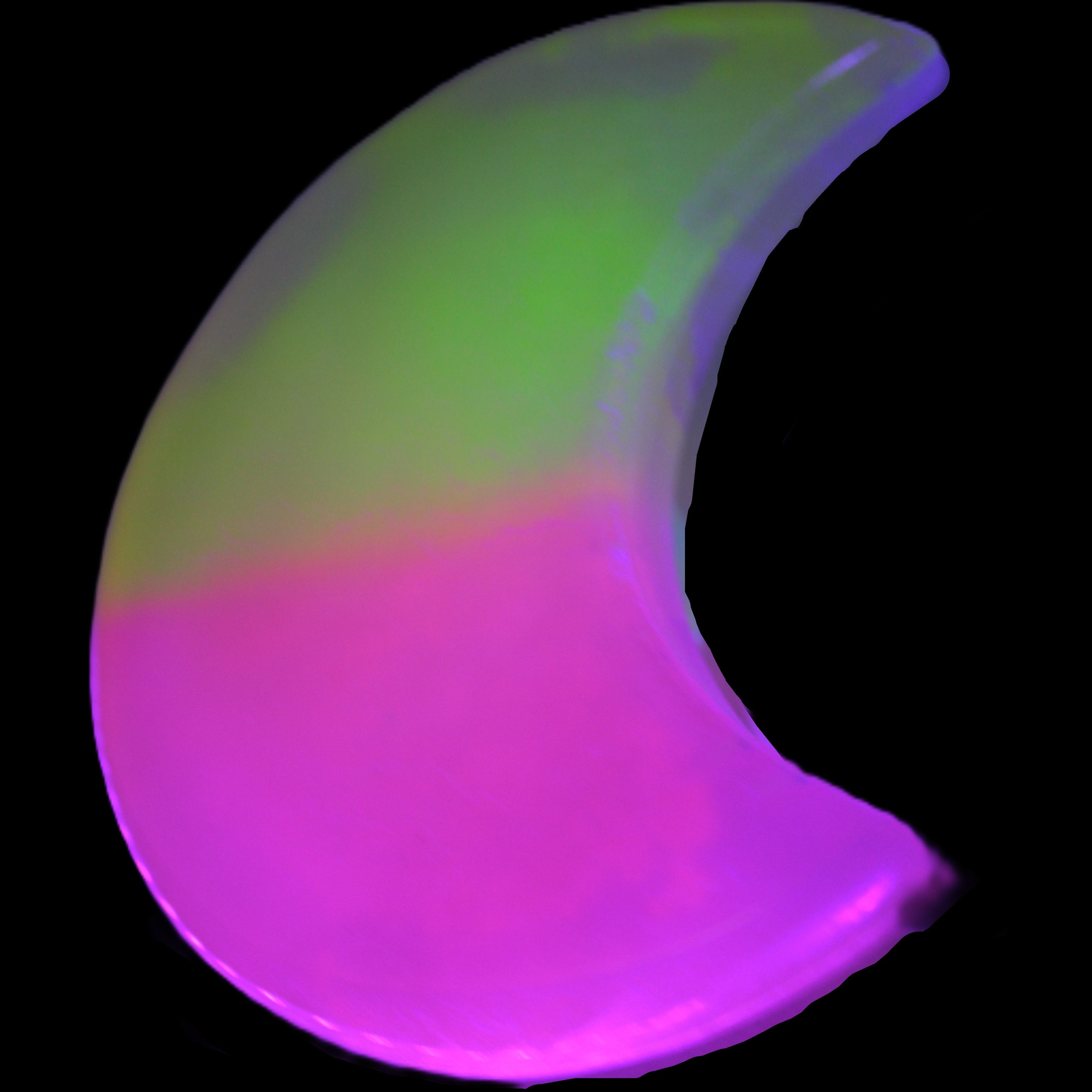 Pink and Yellow dyed Calcite crescent moon 90*100*14mm 201g in UV light - Rocks and Things Store