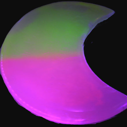 Pink and Yellow dyed Calcite crescent moon 90*100*14mm 201g in UV light - Rocks and Things Store