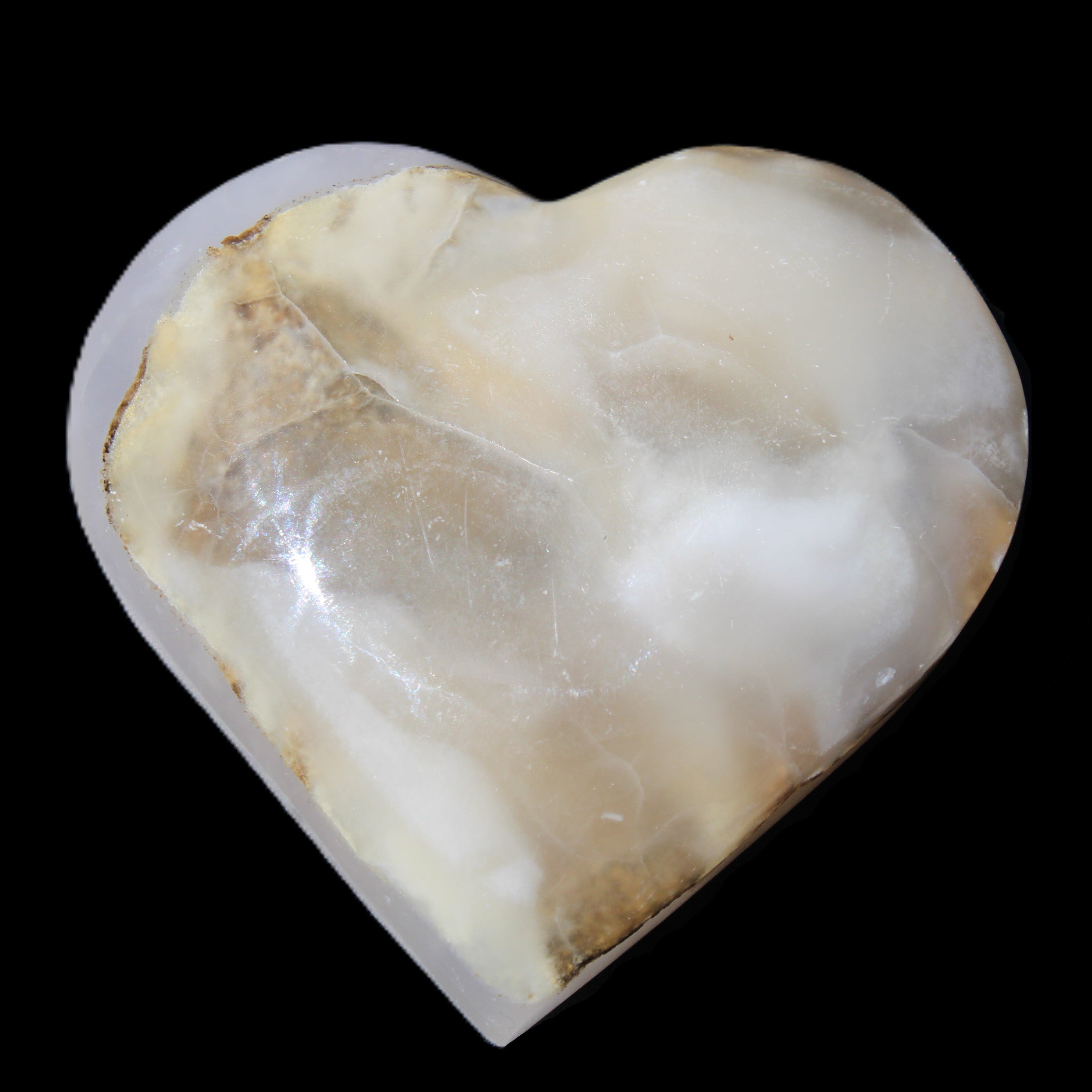 Mangano Calcite hand-carved heart 66/67*64/70mm 130-136g in sunlight - Rocks and Things Store
