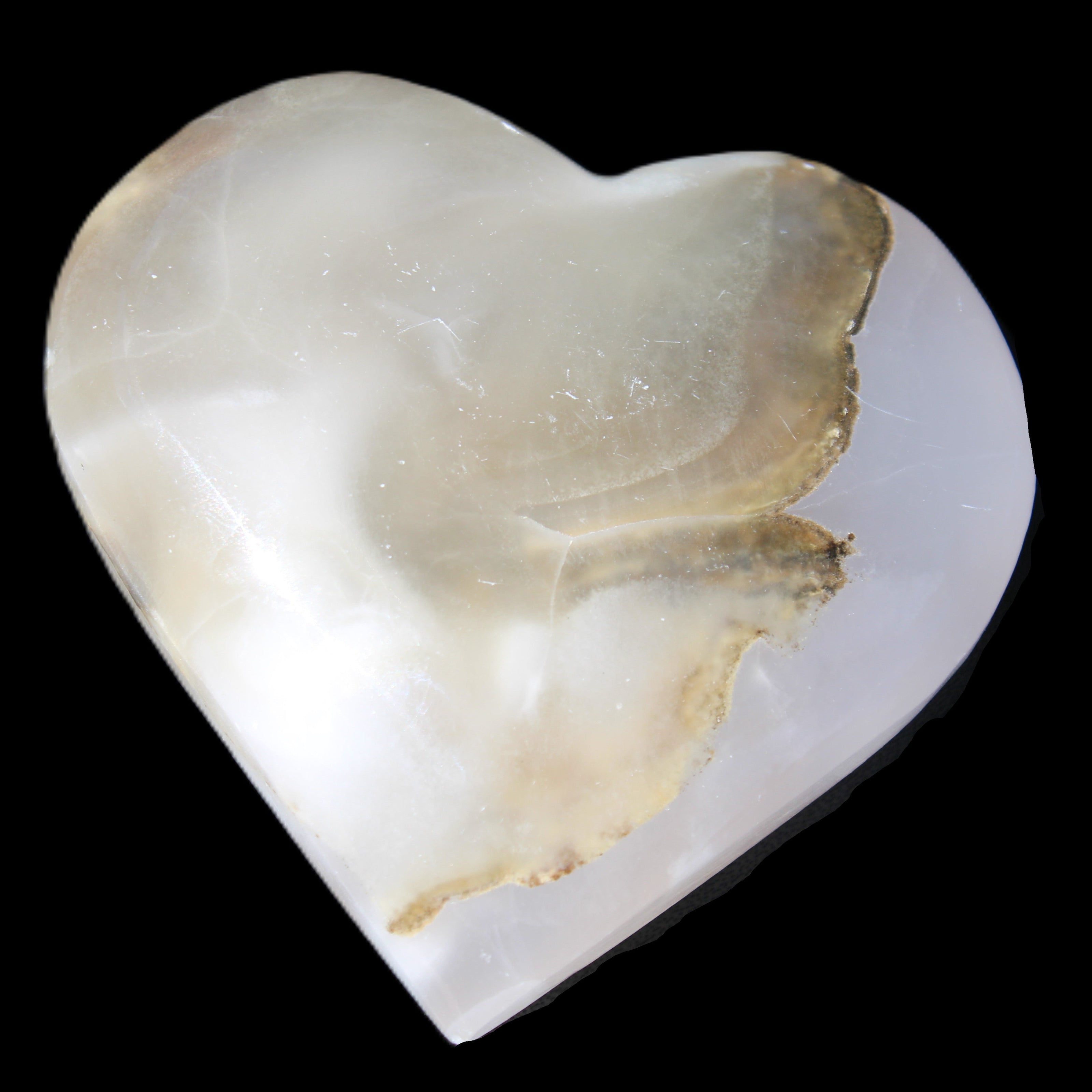Mangano Calcite hand-carved heart 66/67*64/70mm 130-136g in sunlight - Rocks and Things Store