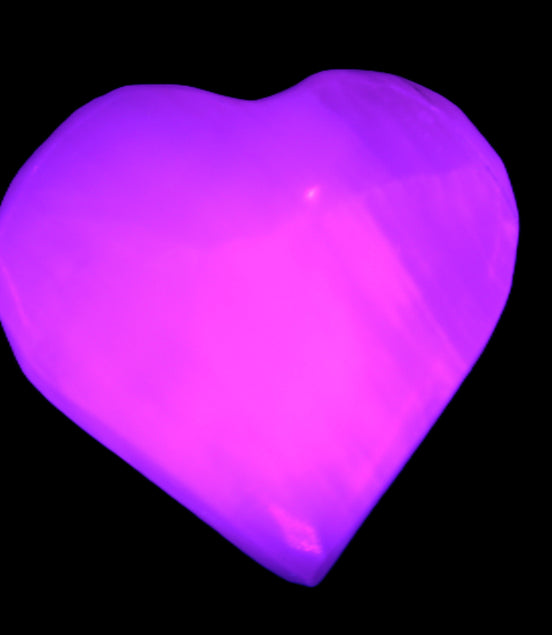 Pink Mangano Calcite heart 38-41mm  42-44g in UV light - Rocks and Things Store