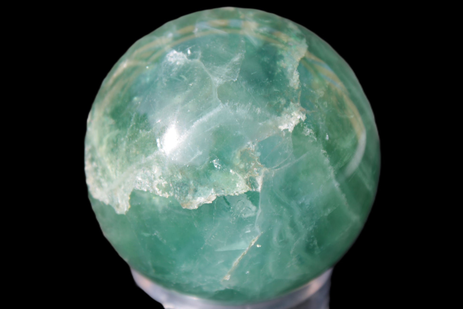 Green Fluorite sphere 427g in sunshine 