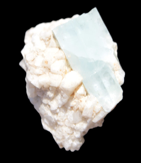 Blue Terminated Aquamarine crystal 21mm on Feldspar & Mica matrix 28mm 58.2ct 11.6g in sunlight - Rocks and Things Store