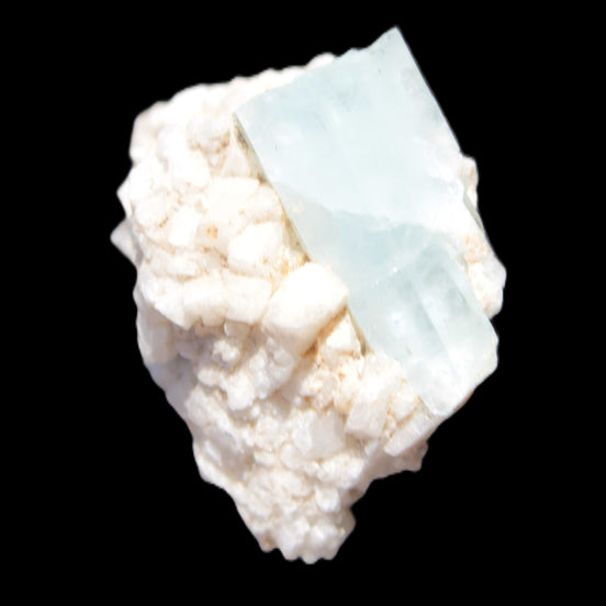 Blue Terminated Aquamarine crystal 21mm on Feldspar & Mica matrix 28mm 58.2ct 11.6g in sunlight - Rocks and Things Store
