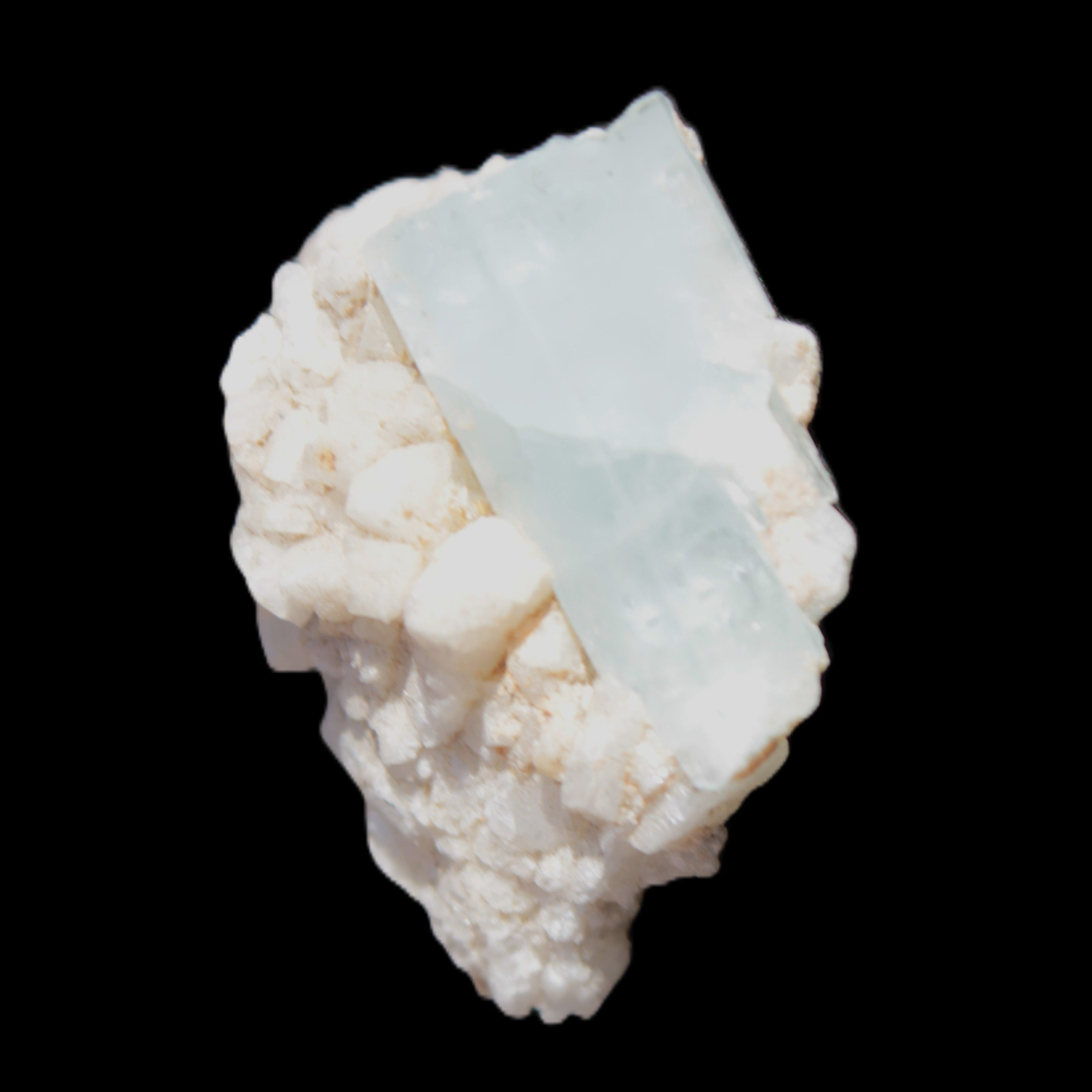 Blue Terminated Aquamarine crystal 21mm on Feldspar & Mica matrix 28mm 58.2ct 11.6g in sunlight - Rocks and Things Store