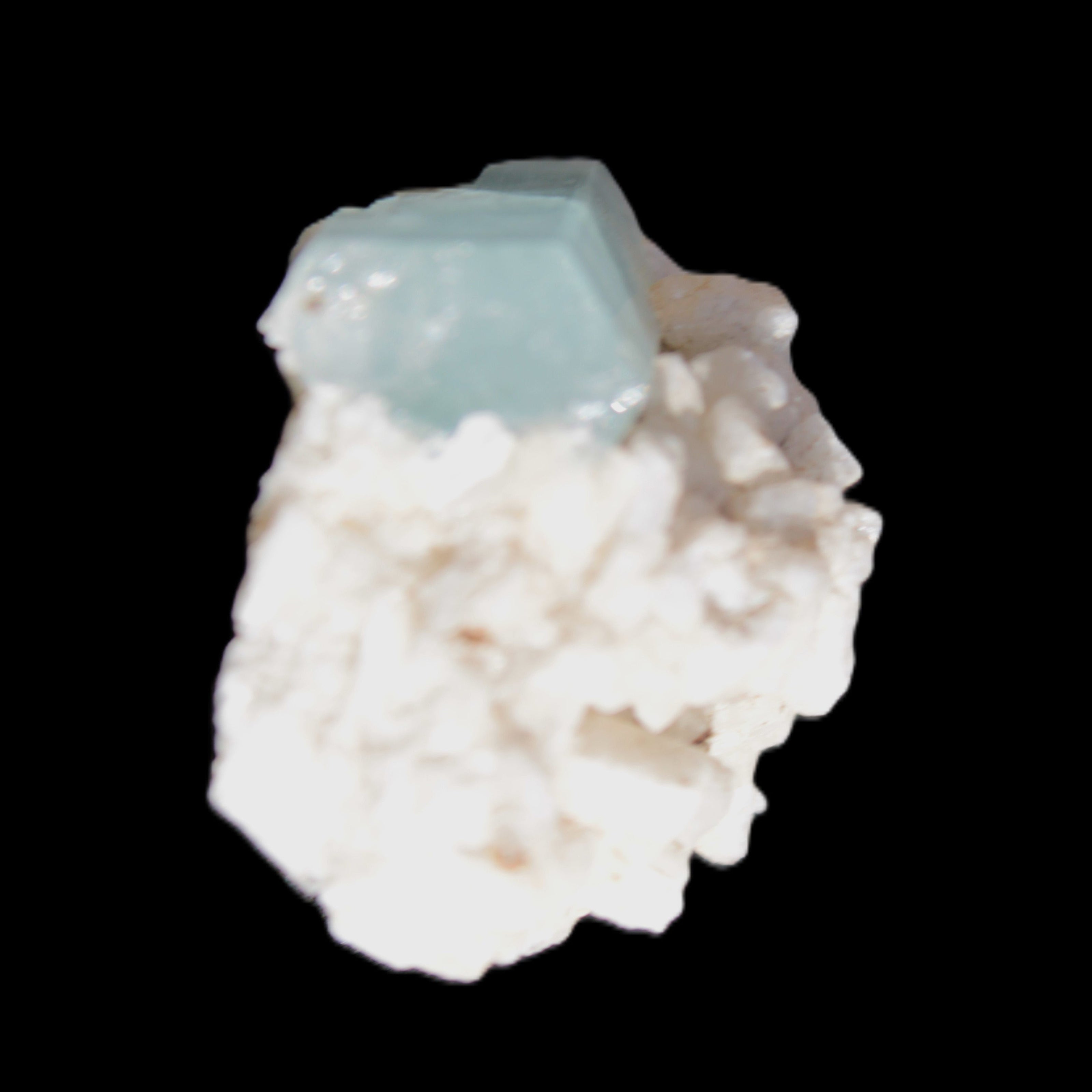 Blue Terminated Aquamarine crystal 21mm on Feldspar & Mica matrix 28mm 58.2ct 11.6g in sunlight - Rocks and Things Store