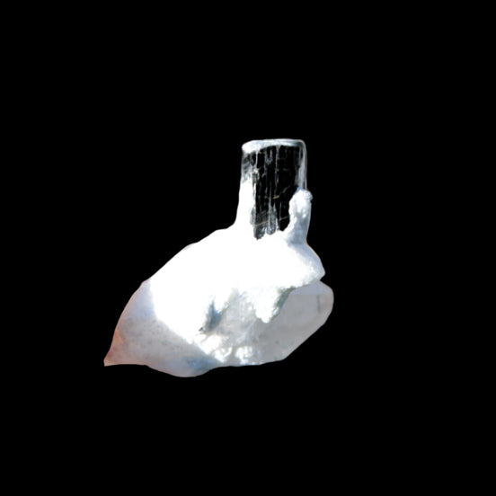 Dark Black Green Tourmaline 10mm on Clear Quartz with matrix dusting 24.6ct 4.9g in bright sunshine - Rocks and Things Store