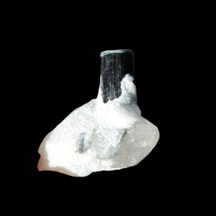 Dark Black Green Tourmaline 10mm on Clear Quartz with matrix dusting 24.6ct 4.9g in bright sunshine - Rocks and Things Store