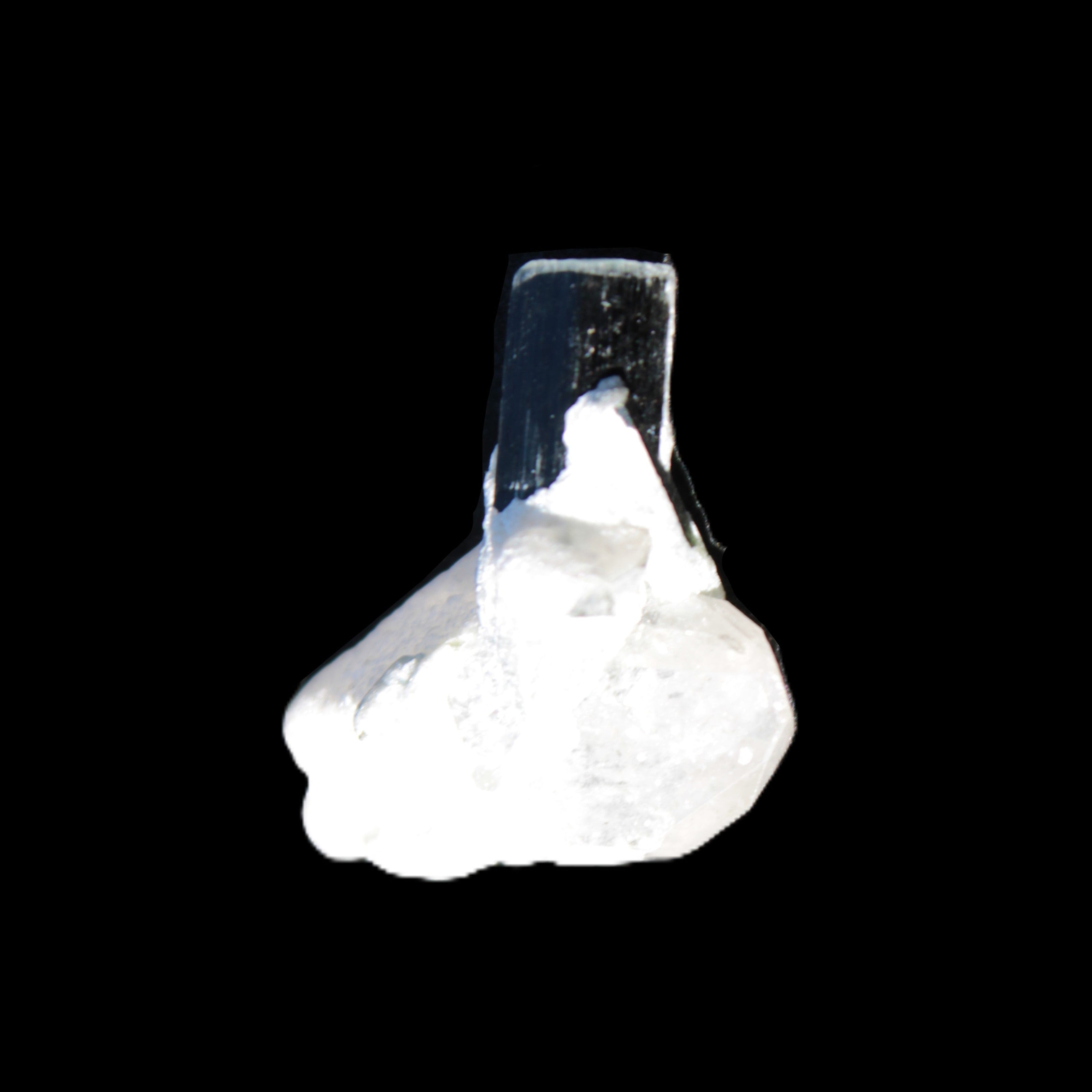 Dark Black Green Tourmaline 10mm on Clear Quartz with matrix dusting 24.6ct 4.9g in bright sunshine - Rocks and Things Store