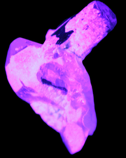 Dark Black Green Tourmaline 10mm on Clear Quartz with matrix dusting 24.6ct 4.9g in UV light - Rocks and Things Store