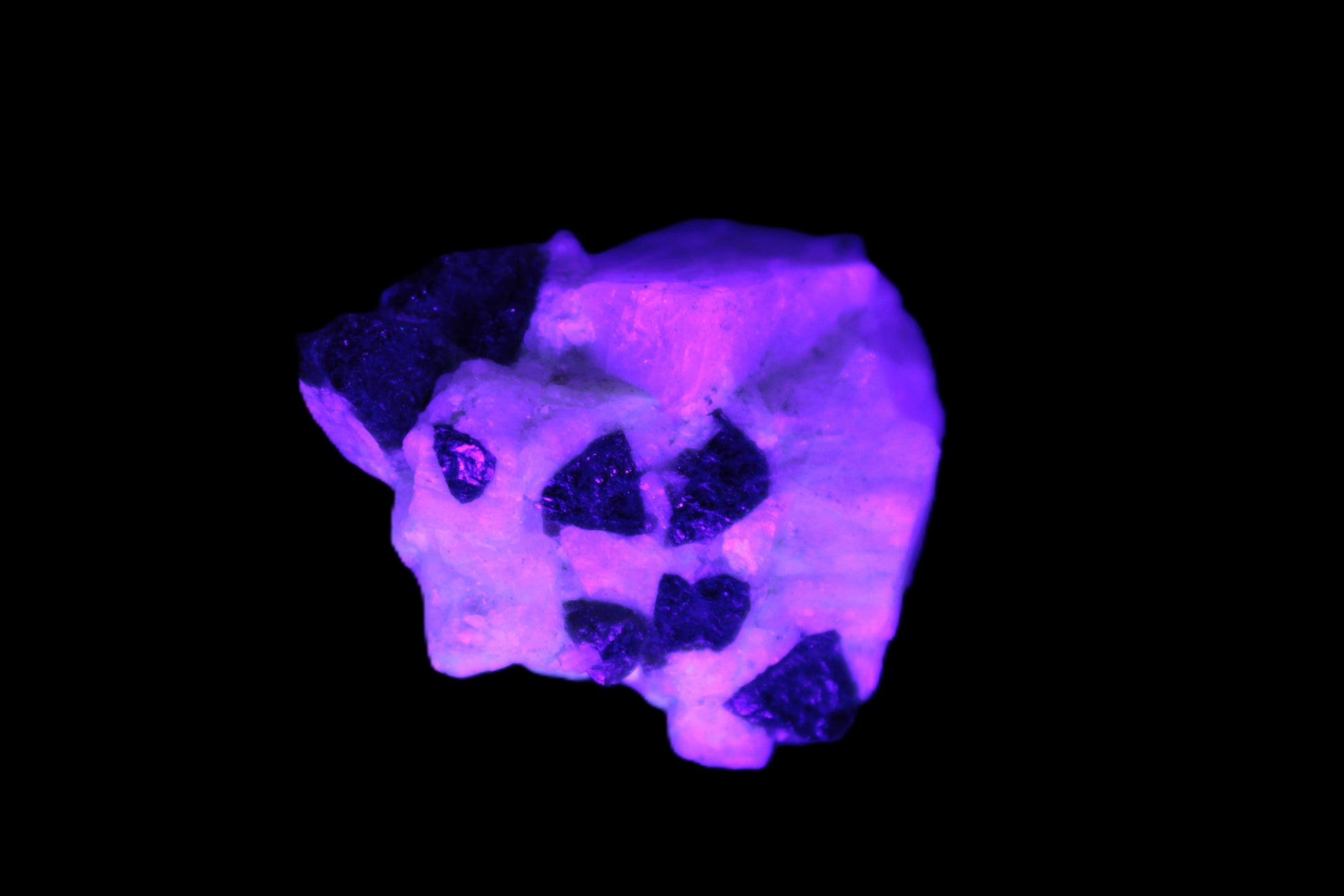 Black Elbaite cluster in matrix in UV light