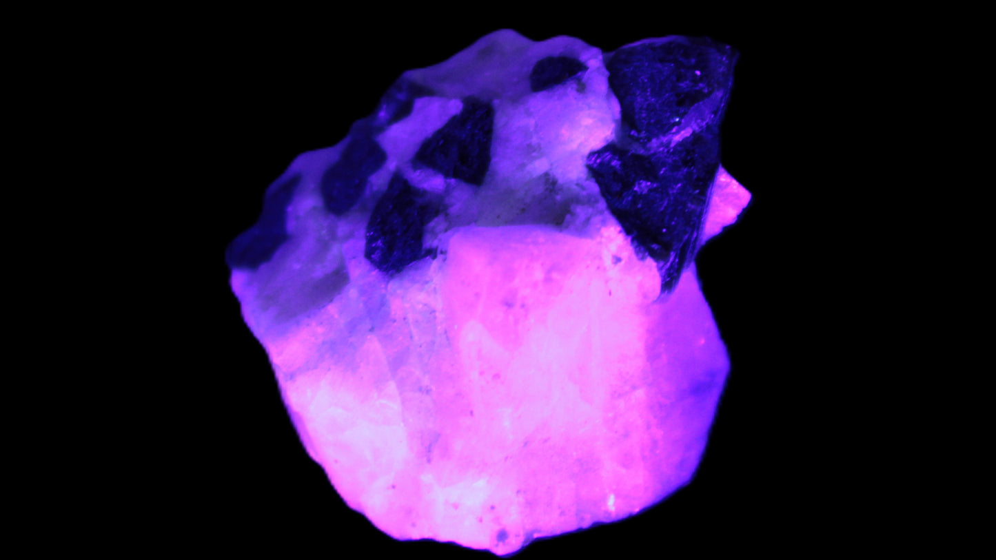 Black Elbaite cluster in matrix in UV light