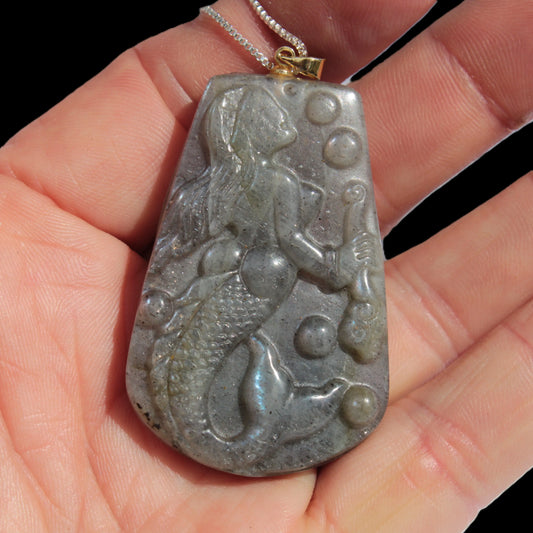 Large Labradorite mermaid carved pendant with chain necklace Rocks and Things Store