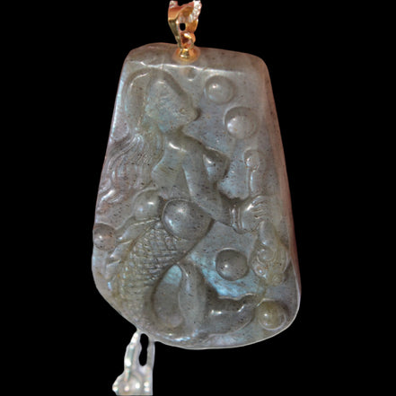 Large Labradorite mermaid carved pendant with chain necklace in sunshine - Rocks and Things Store