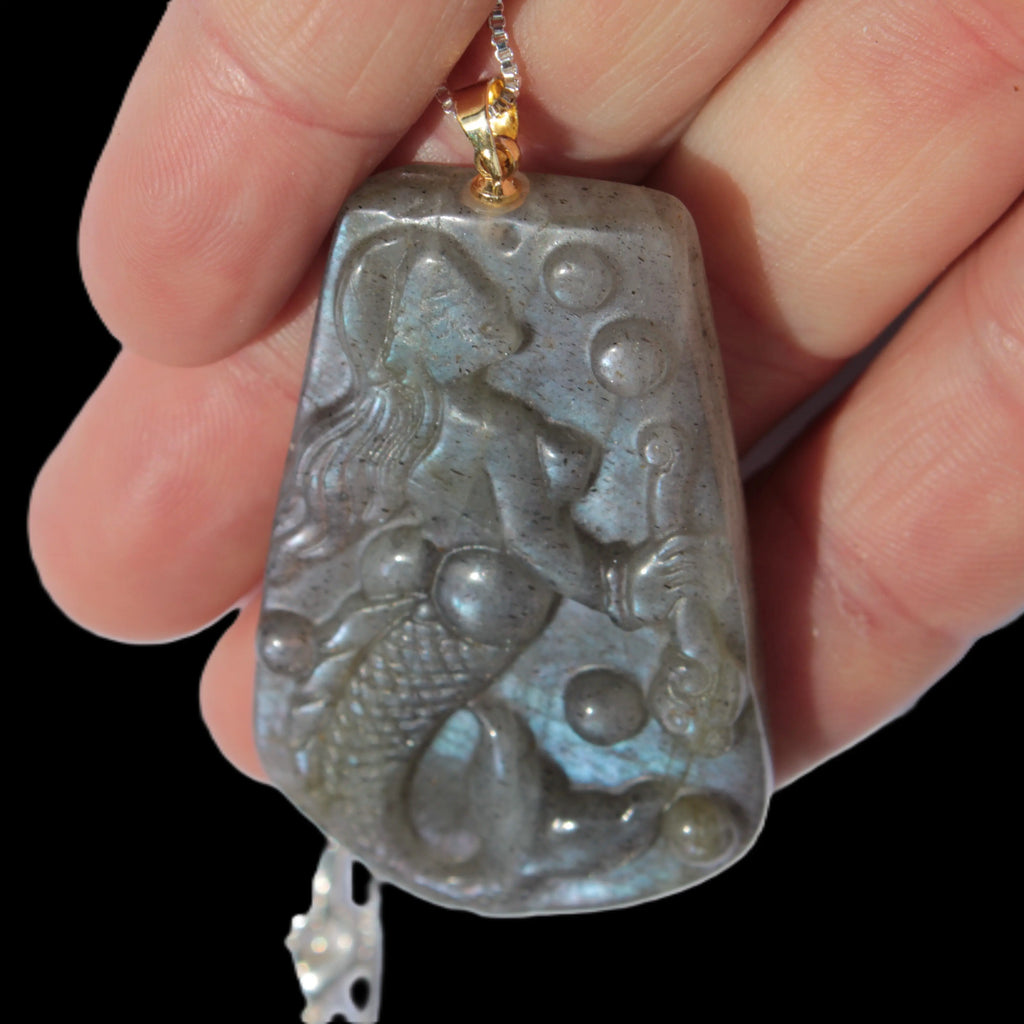 Large Labradorite mermaid carved pendant with chain necklace Rocks and Things Store