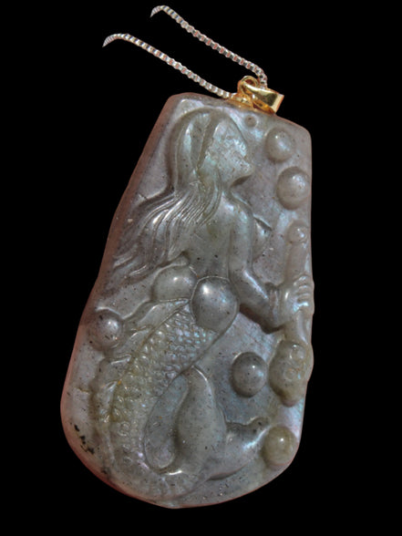 Large Labradorite mermaid carved pendant with chain necklace in sunshine - Rocks and Things Store