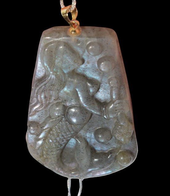 Large Labradorite mermaid carved pendant with chain necklace in sunshine - Rocks and Things Store