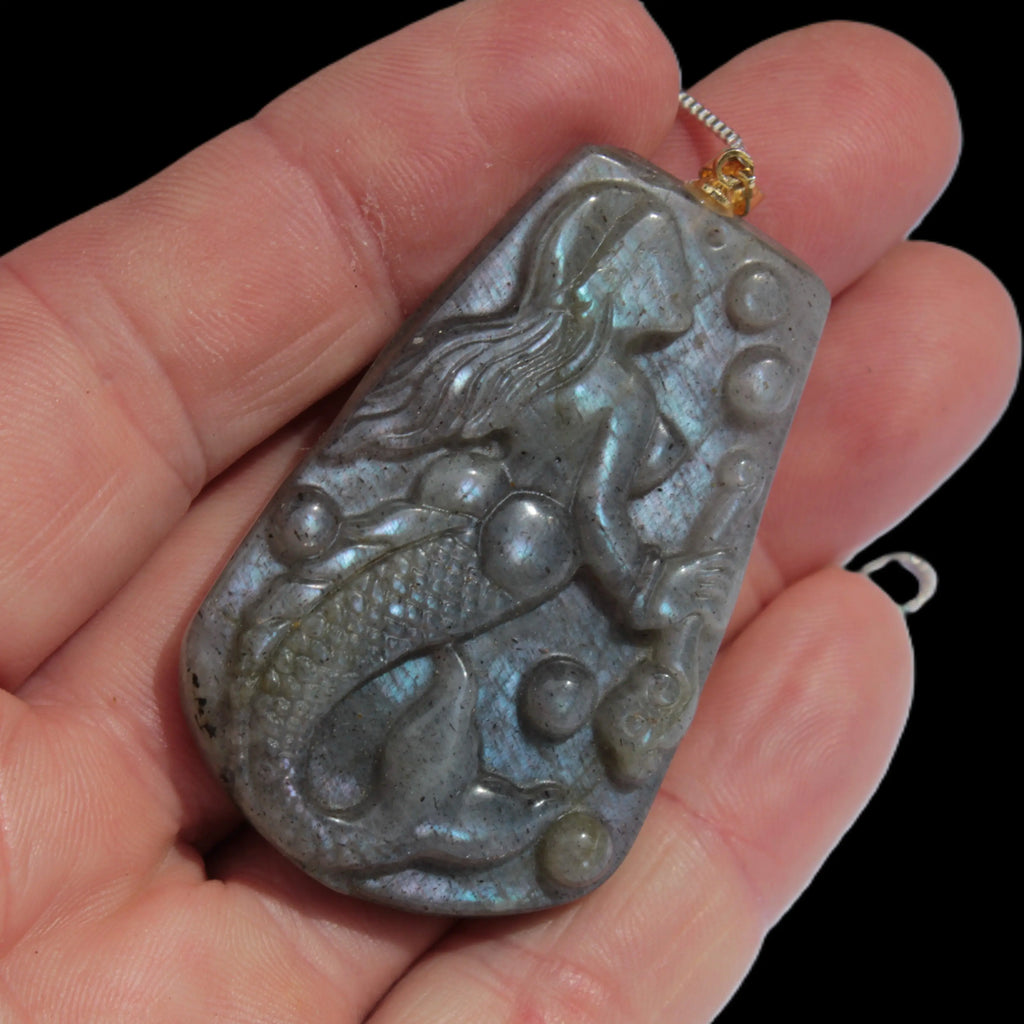 Large Labradorite mermaid carved pendant with chain necklace Rocks and Things Store