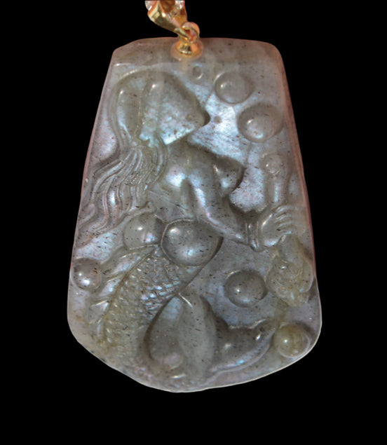 Large Labradorite mermaid carved pendant with chain necklace in sunshine - Rocks and Things Store