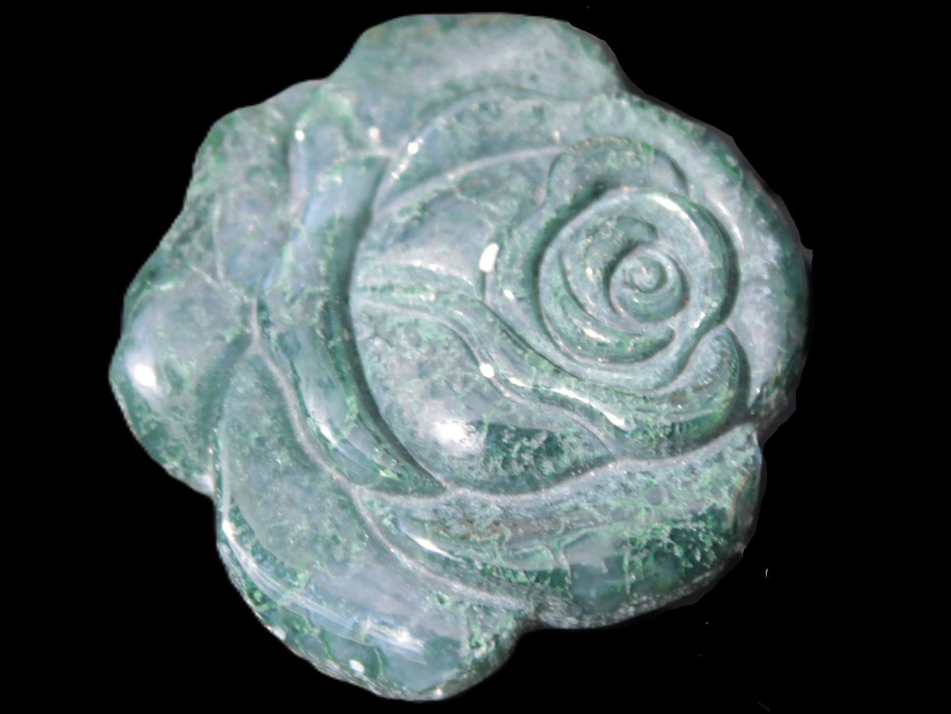 Moss Agate hand-carved rose 32mm 15g Rocks and Things