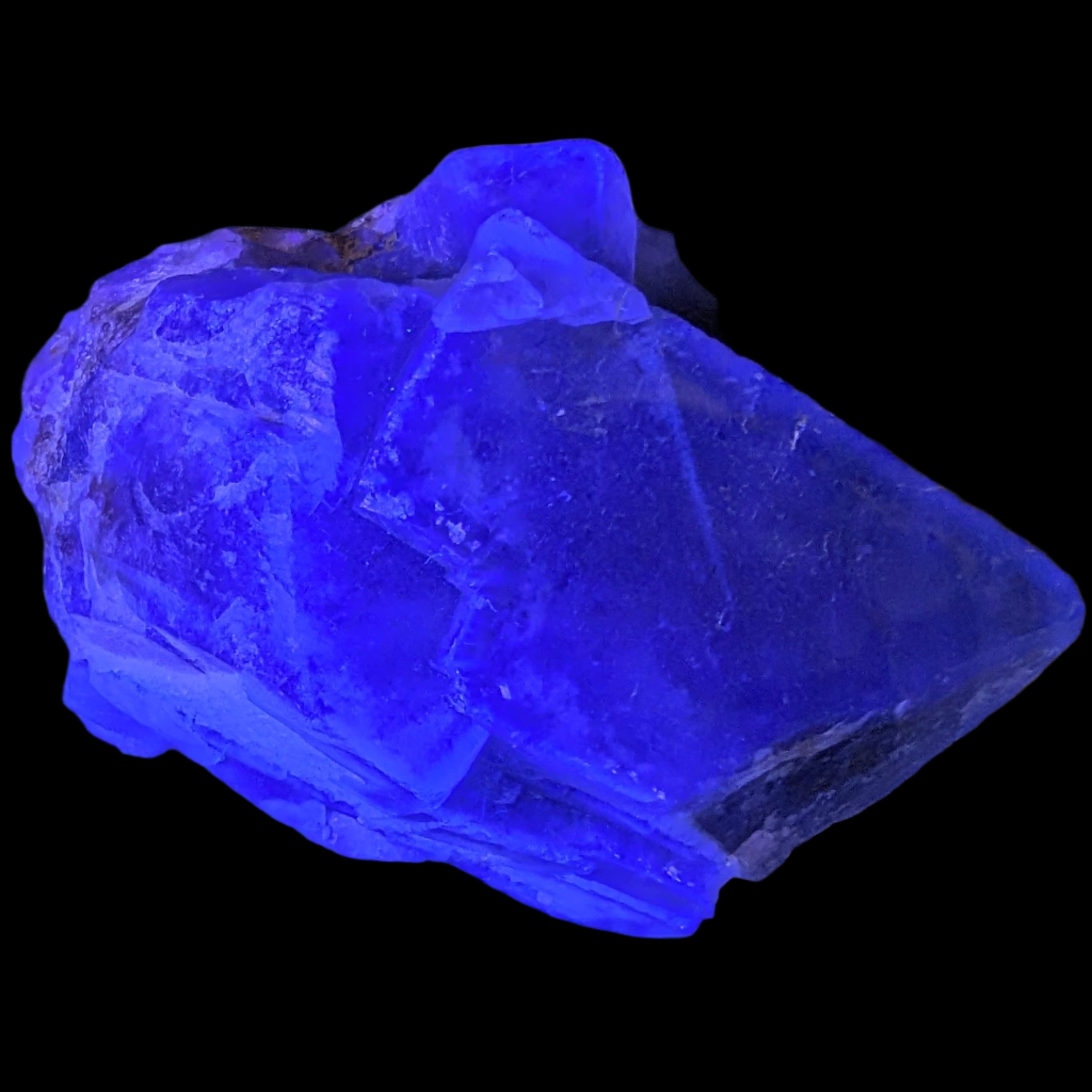Fluorite cubic cluster UV reactive 328g in UV light -  Rocks and Things Store