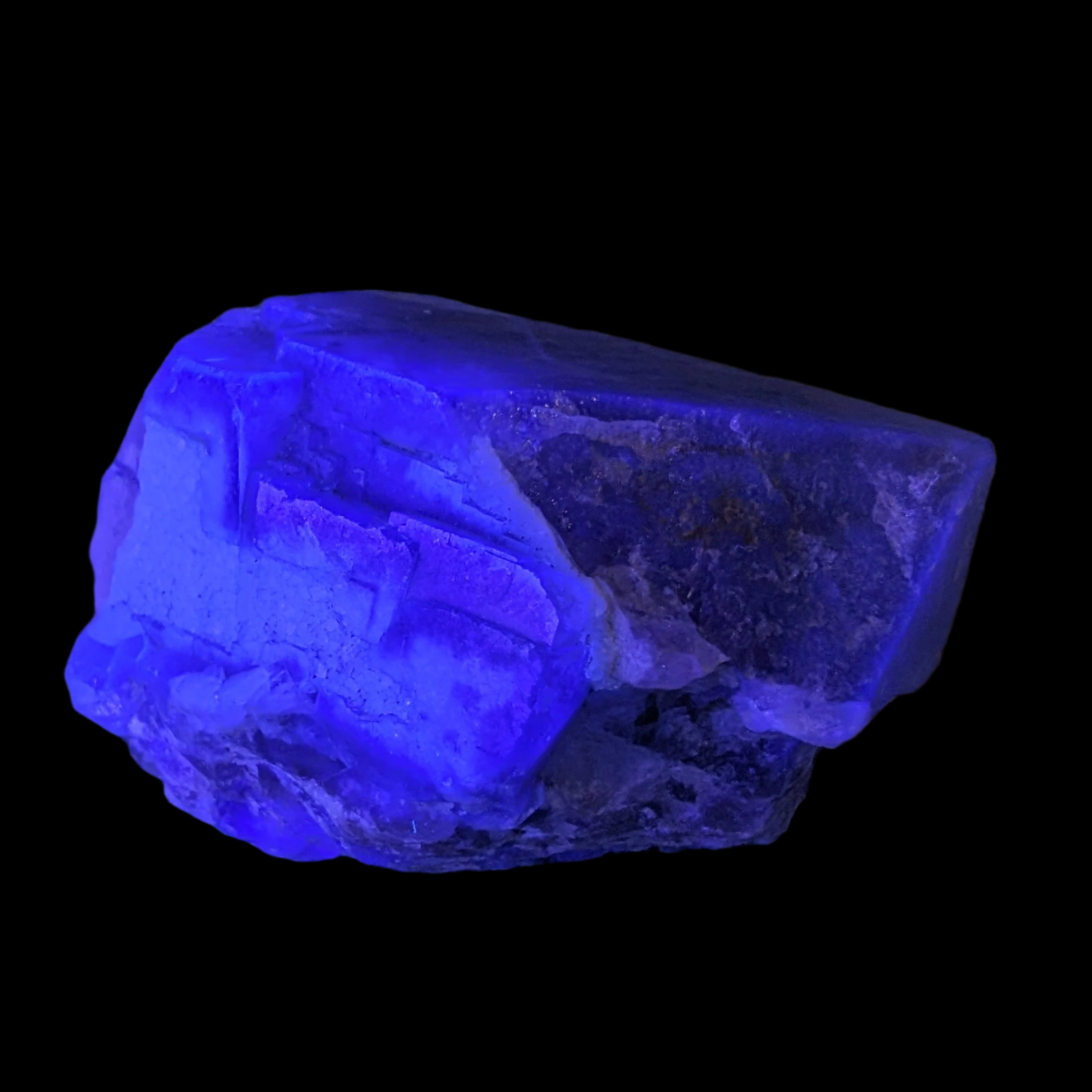 Fluorite cubic cluster UV reactive 328g in UV light -  Rocks and Things Store