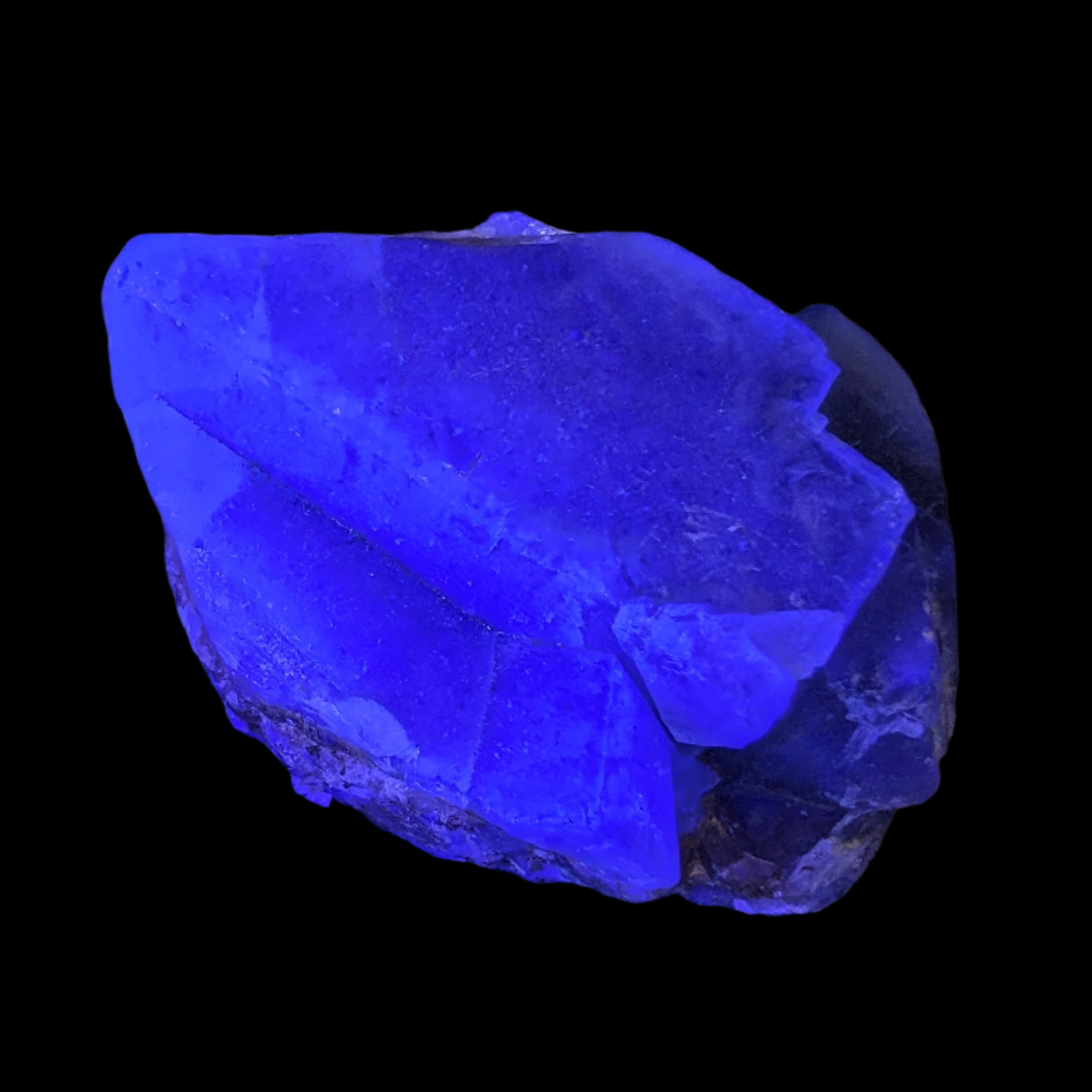 Fluorite cubic cluster UV reactive 328g in UV light -  Rocks and Things Store