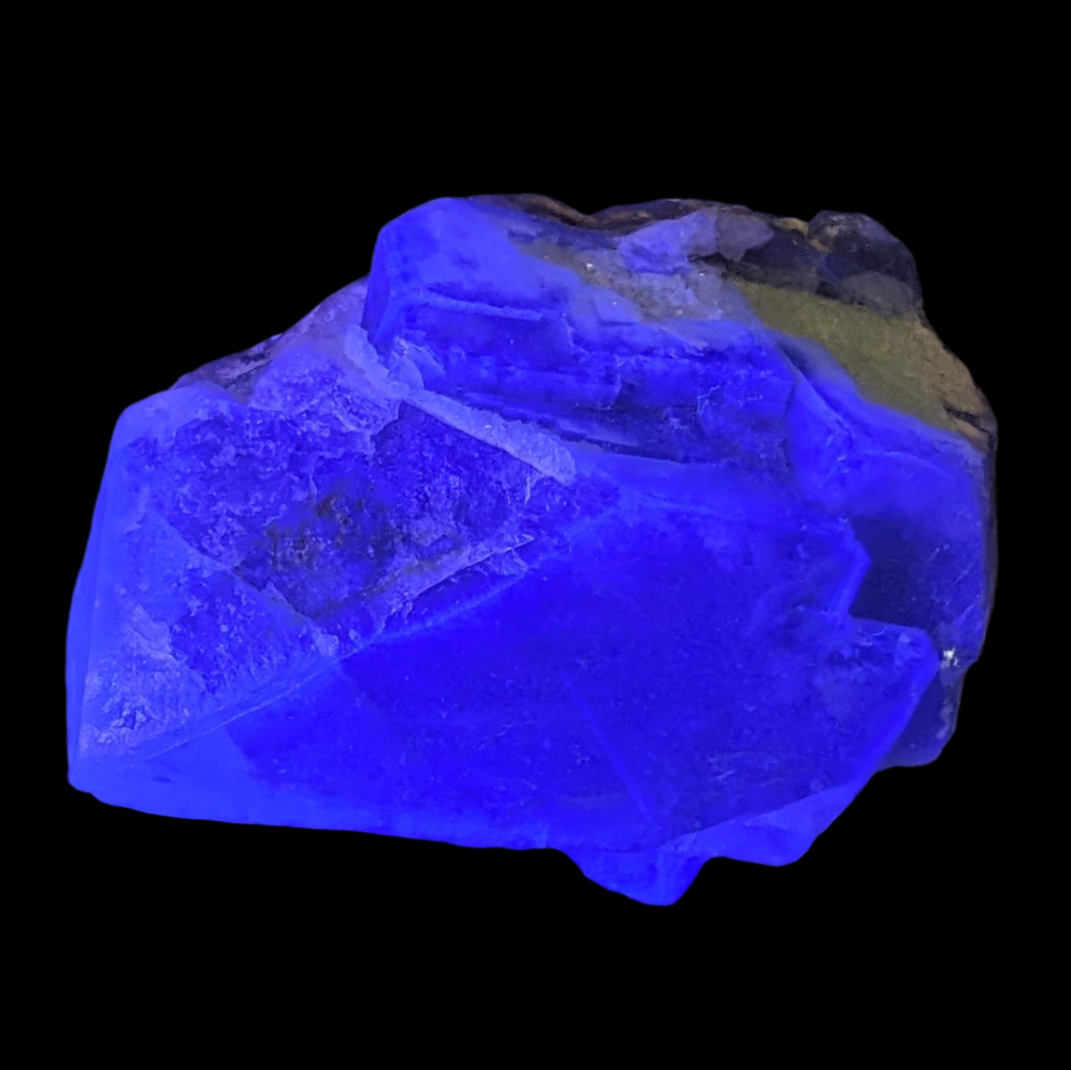 Fluorite cubic cluster UV reactive 328g in UV light -  Rocks and Things Store