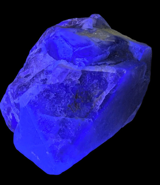 Fluorite cubic cluster UV reactive 328g in UV light -  Rocks and Things Store