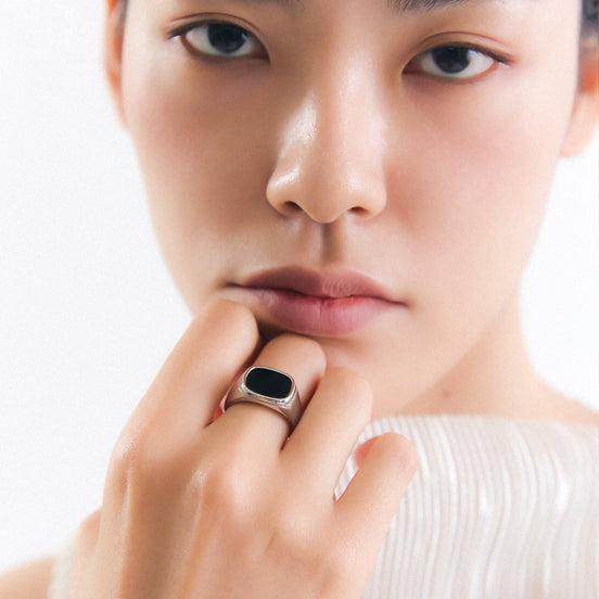 Black Square Signet Ring • Stainless Steel in sunlight - Rocks and Things Store