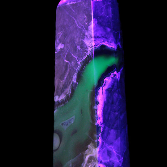Volcano Agate obelisk 143mm 328g in UV light - Rocks and Things Store