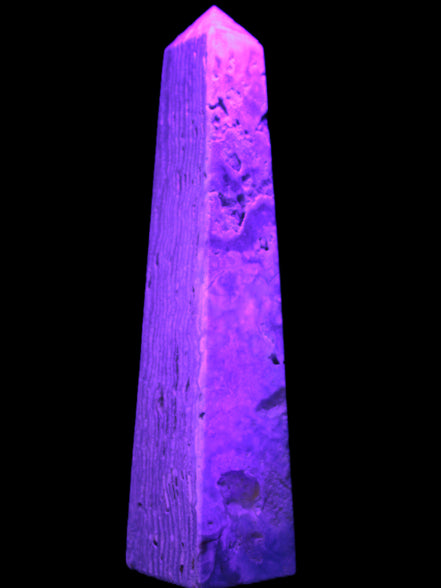 Caribbean Calcite obelisk 263*54*56mm 1271g in UV light - Rocks and Things Store