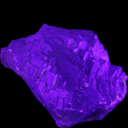 Clear Fluorite cubic stepped cluster 104*72*50mm 660g in UV light - Rocks and Things Store