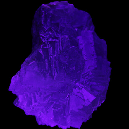 Clear Fluorite cubic stepped cluster 104*72*50mm 660g in UV light - Rocks and Things Store