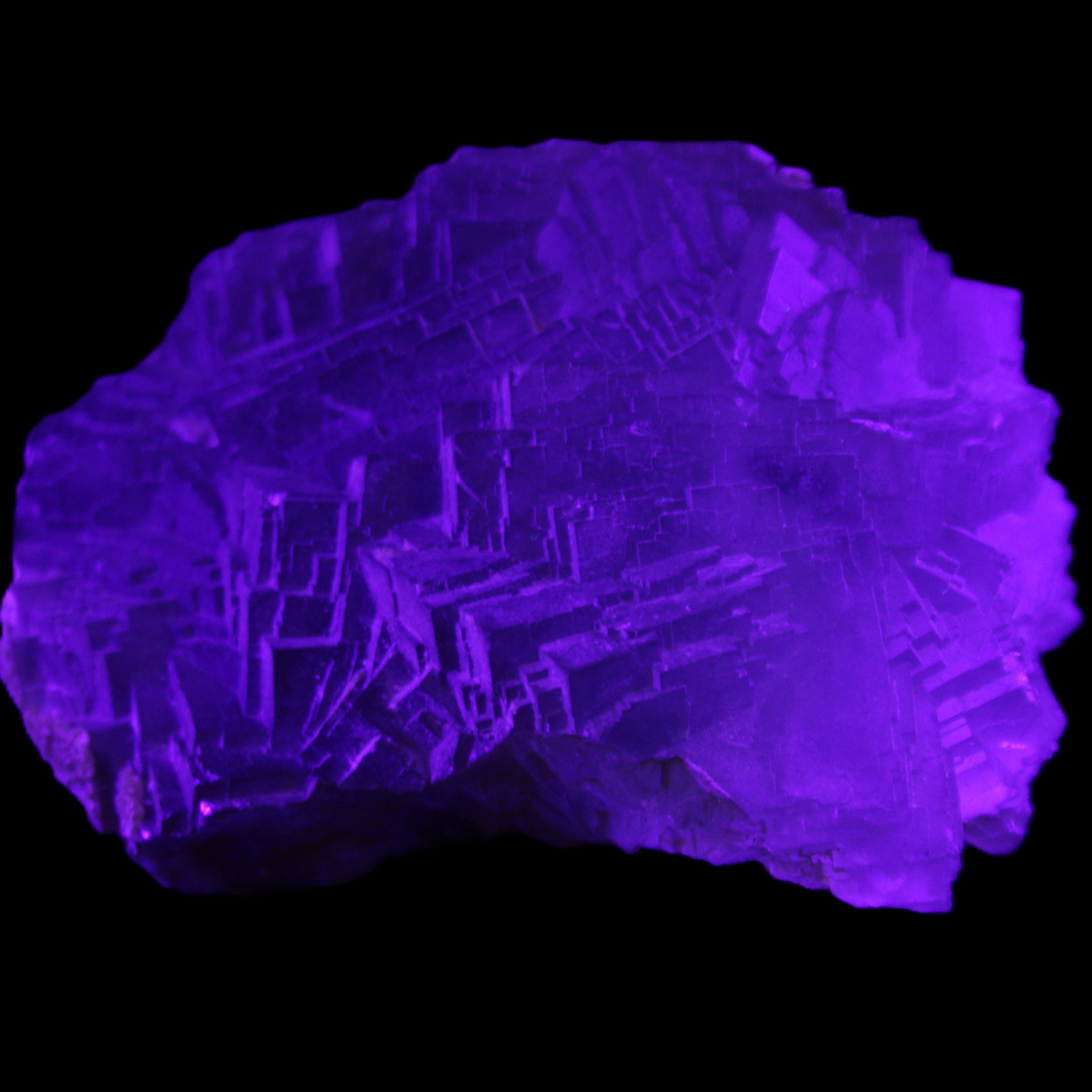 Clear Fluorite cubic stepped cluster 104*72*50mm 660g in UV light - Rocks and Things Store