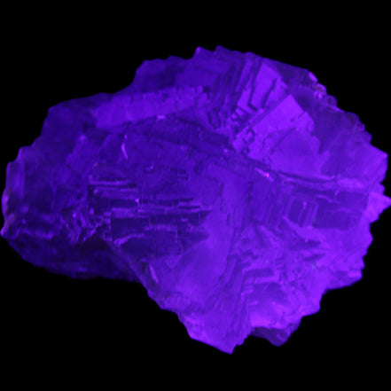 Clear Fluorite cubic stepped cluster 104*72*50mm 660g in UV light - Rocks and Things Store