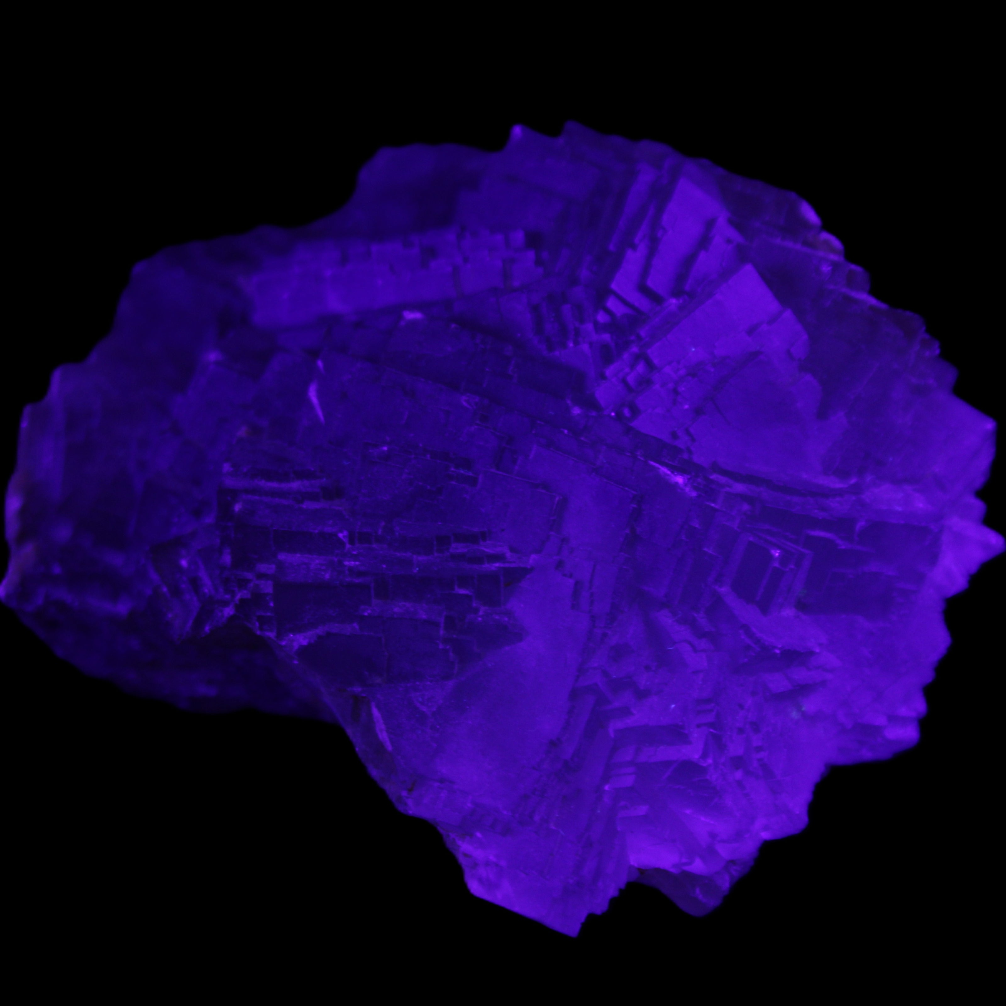 Clear Fluorite cubic stepped cluster 104*72*50mm 660g in UV light - Rocks and Things Store