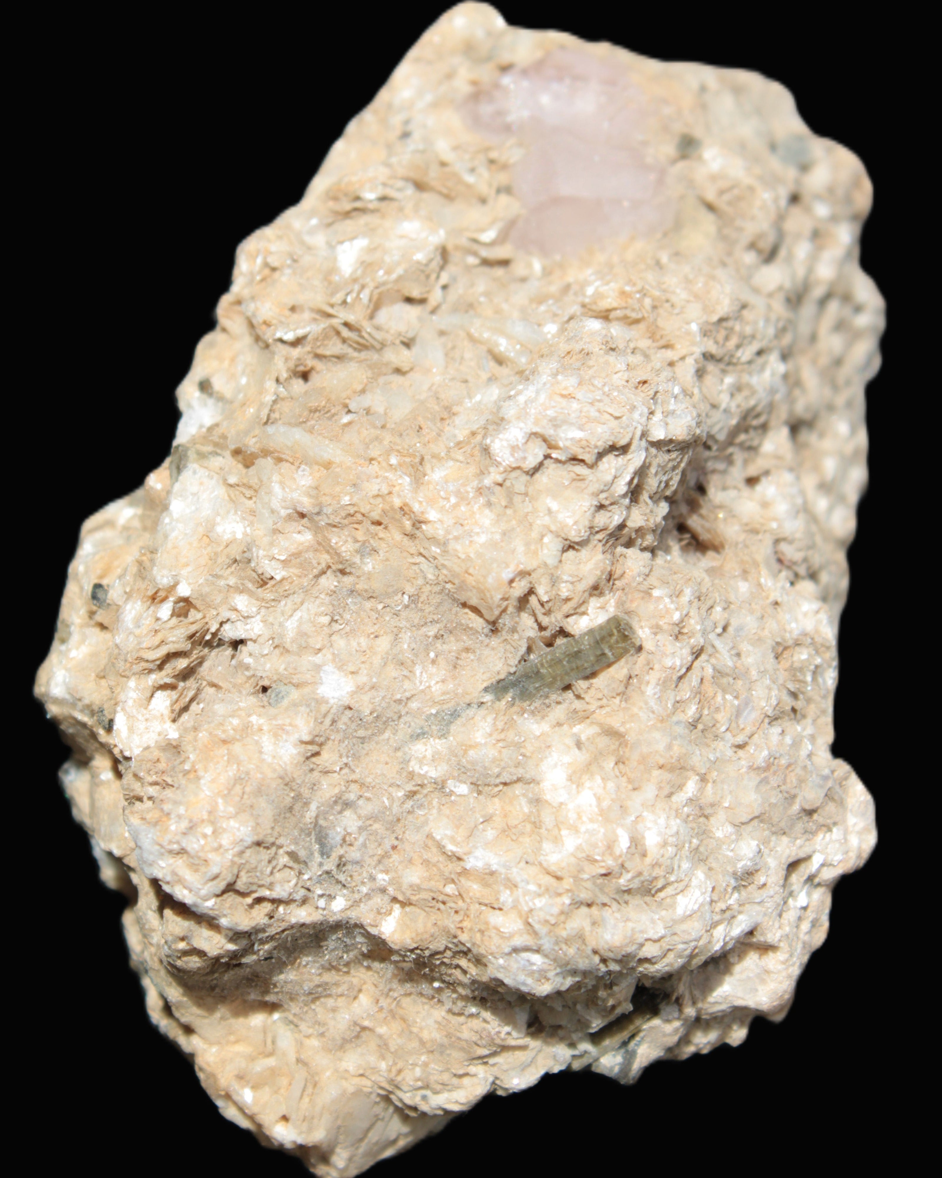 Pink Topaz with Green Tourmaline in Muscovite/Feldspar matrix 99.5g in sunshine - Rocks and Things Store