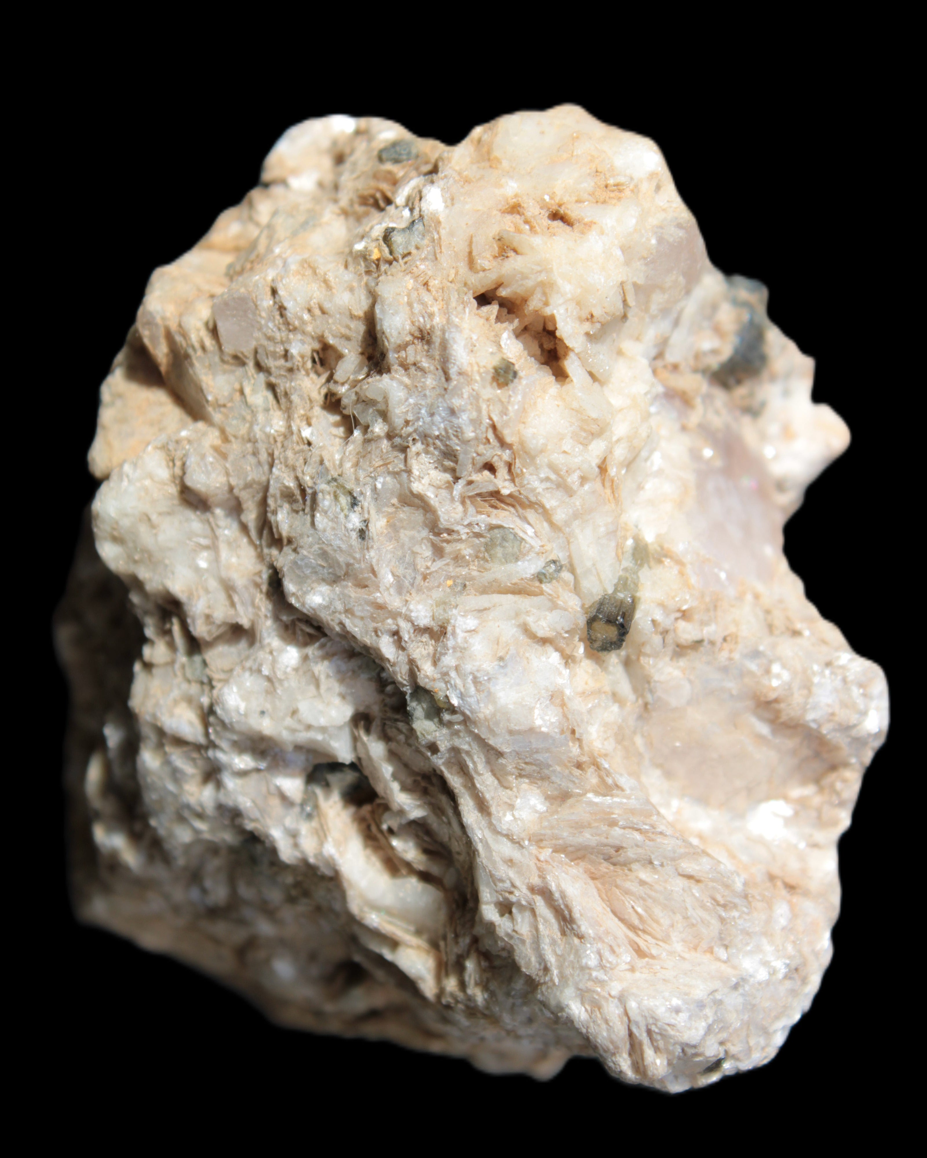 Pink Topaz with Green Tourmaline in Muscovite/Feldspar matrix 99.5g in sunshine - Rocks and Things Store